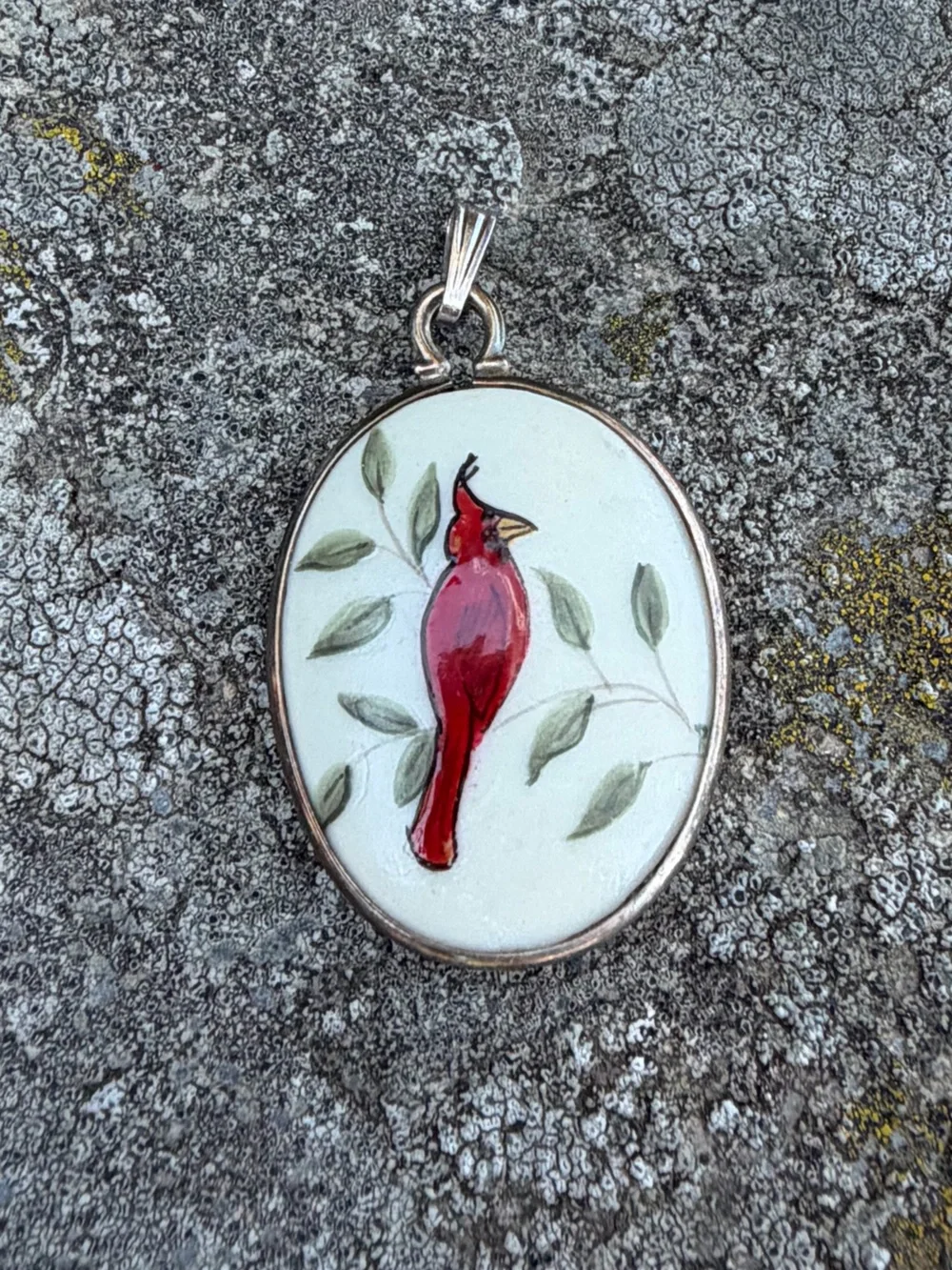Vintage Sterling Ceramic Red Cardinal Oval Pendant Charm